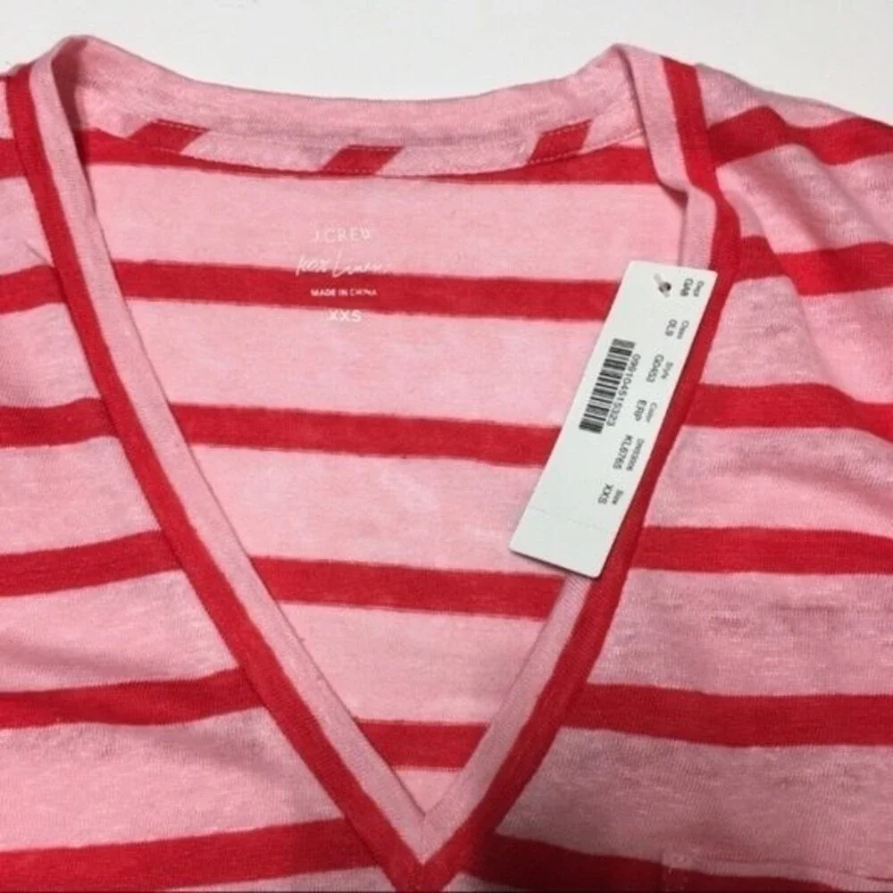 J. Crew Striped Linen V Neck Tee Pink Red XXS NWT